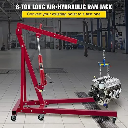 VEVOR Hydraulic/Pneumatic Long Ram Jack, 8 Tons/17363 lbs Capacity, with Single Piston Pump and Clevis Base, Manual Cherry Picker w/Handle, for Garage/Shop Cranes, Engine Lift Hoist, Red