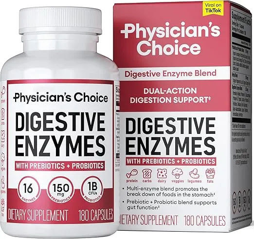 Physician's CHOICE Digestive Enzymes - Multi Enzymes, Organic Prebiotics & Probiotics for Digestive Health & Gut Health - for Meal Time Discomfort Relief & Bloating - Dual Action Approach - 180 CT