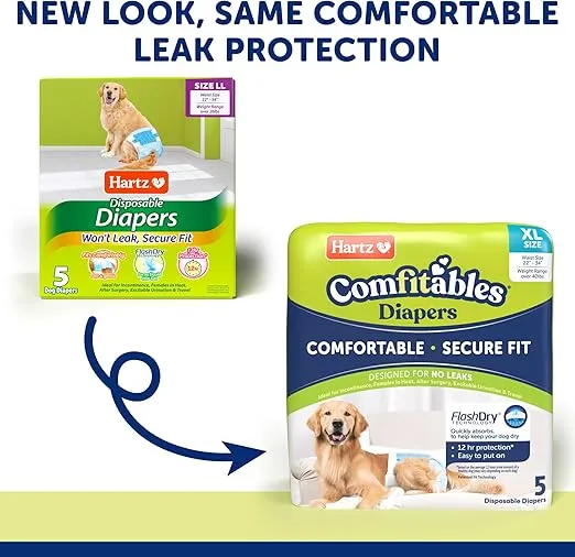 Hartz Comfitables Disposable Dog Diapers, Size Extra Large 5 count, Comfortable & Secure Fit, Easy to Put On, Super Absorbent Male and Female Diaper