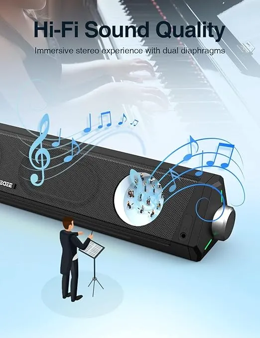 Computer Speakers, Bluetooth Soundbar, HiFi Stereo, 3.5mm Aux-in Connection, USB Powered Speakers for Desktop Monitor, PC, Laptop, Tablets