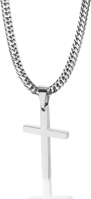 Cross Necklace for Men, Silver Gold Stainless Steel Plain Cross Pendant Necklace for Men Cuban Chain 18-26 Inch