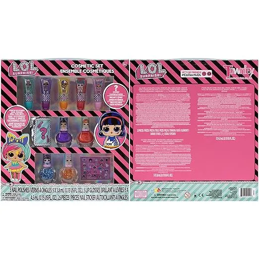 LOL Surprise Townley Girl 11 Pcs Sparkly Cosmetic Makeup Set for Kids Includes 5 Lip Gloss, 5 Nail Polish & Nail Stickers for Girls Tweens, Ages 3+ Perfect for Parties, Sleepovers and Makeovers
