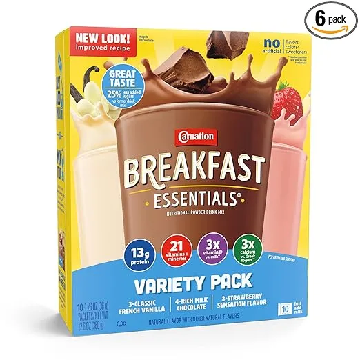 Carnation Breakfast Essentials Complete Nutritional Drink Rich Milk Chocolate / Classic French Vanilla / Strawberry Sensation Flavor 1.26 oz. 60 Ct