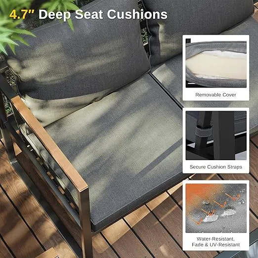 EAST OAK Courtyard Patio Furniture Set, 4-Piece Outdoor Patio Set with Sofa, Removable & Washable Deep Seating Cushion, Tempered Glass Table, Outside Patio Conversation Sets, Black & Dark Grey