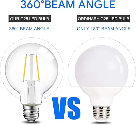 Energetic LED Edison Light Bulb, 5W Dimmable, G25 Globe Shape, Clear Glass, 60W Equivalent, 3000K Warm White, 500LM, G80 Christmas Light, E26 Standard Base, UL Listed, 6-Pack