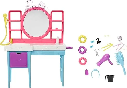 Barbie Doll & Hair Salon Playset with 15 Styling Accessories & Furniture, Long Color-Change Hair & Printed Dress