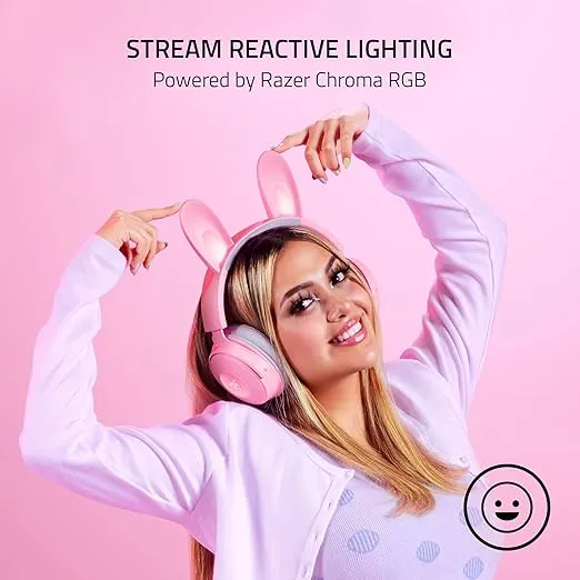 Razer Kraken Kitty V2 Pro Wired RGB Headset: Interchangeable Ears (Kitty, Bear, Bunny) - Stream Reactive Lighting - Detachable HyperClear Cardioid Mic - 50mm Drivers - 7.1 Surround Sound - Quartz Pink