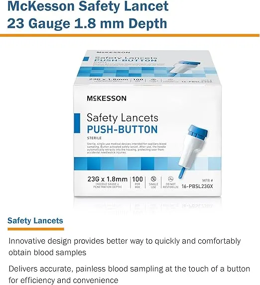 McKesson Safety Lancet, Retractable, Push Button Activation - Ideal for Blood Testing - Sterile, Single Use, 23 Gauge, 1.8mm Depth, 100 Count, 1 Pack