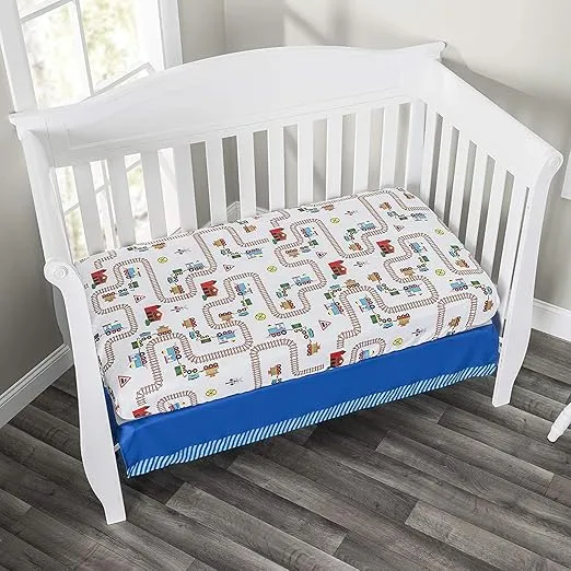 Everyday Kids 2 Pack Fitted Boys Crib Sheet, 100% Soft Breathable Sheet, Fits Standard Size Crib Mattress 28in x 52in, Nursery Sheet - Train/Light Blue