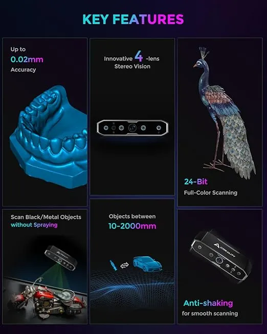 Creality Cr-Scan Otter 3D Scanner Four-Lens Stereo System for 10-2000mm Object Body Face Full Color Scanning Up to 0.02mm Accuracy 20fps Speed Handheld 3D Scanner for 3D Printer Mac OS Windows