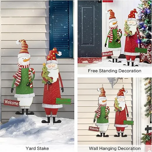 Glitzhome Set of 2 Metal Snowman & Santa Yard Stakes Welcome Sign Garden Lawn Patio Christmas Decor for Outdoor Stake Indoor Standing Decorations, 36" H