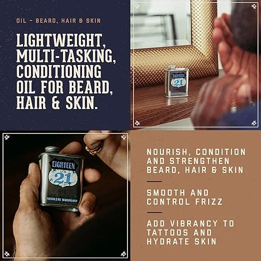 18.21 Man Made Hair, Skin & Beard Oil for Men, 4 Scents - Non-Greasy, Conditioning Balm with Castor Seed, Jojoba, and Argan Oils - Premium Tattoo and Mustache Care Products