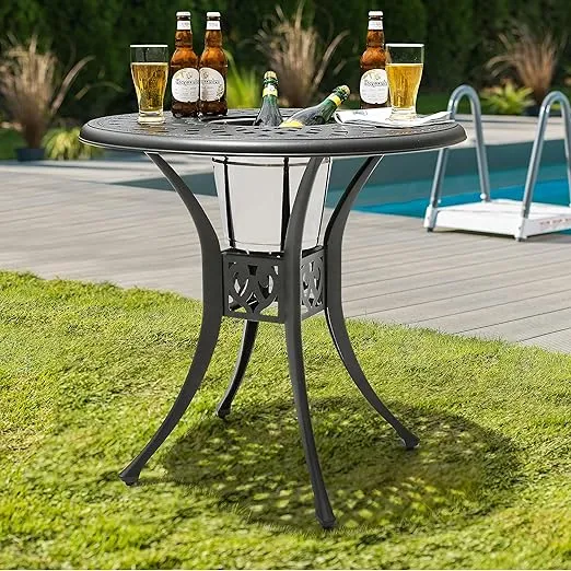 NUU GARDEN 30 Inch Patio Dining Table, Cast Aluminum Round Outdoor Table with Umbrella Hole for Patio, Backyard, Deck-Black