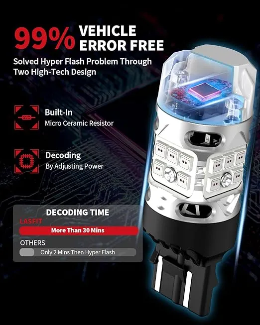 LASFIT T3 7440 7443 LED Bulb Brake Tail RED 7444 Light CANBUS Error Free New Extremely Bright 7444na 7441 7440NA W21W WY21W with Built In Resistor Anti Hyper Flash(2pcs)