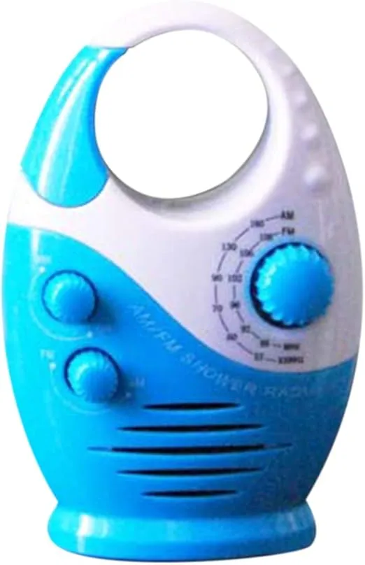 Waterproof Shower Radio, Splash Proof AM/FM Radio with Top Handle for Bathroom Outdoor Use - Built-in Speaker & Adjustable Volume(Blue and White)