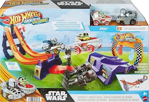 Hot Wheels Star Wars RacerVerse Toy Car Track Set & 2 Die-Cast Racers, Grogu's Great Race, U44Inspired by Star Wars, with Grogu and The Mandalorian