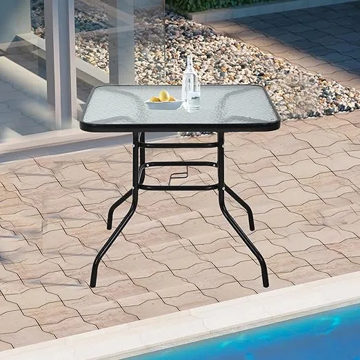Outdoor Patio Table with Umbrella Hole, 32 Inch Patio Dining Table All Weather Square Patio Table, Glass Patio Tables for Outside, Balcony, Backyard, Poolside(Square)