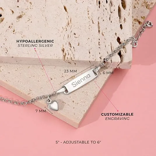 925 Sterling Silver Girl's Adjustable & Engravable Heart Tag ID Bracelet - 5" - 6" Adjustable Cute Personalized Heart Tag Bracelet for Little Girls with Name Plate