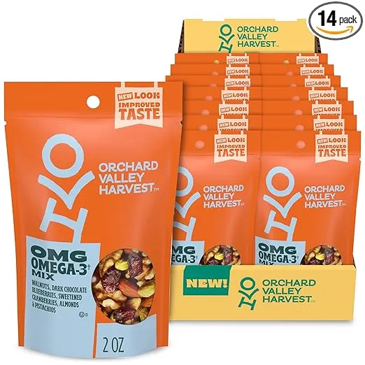 Orchard Valley Harvest OMG Omega-3 Mix, 2 oz (Pack of 14), Walnuts, Dark Chocolate Blueberries, Sweetened Cranberries, Almonds, Pistachios, Gluten Free, Resealable Bag, Snacks for Adults & Kids