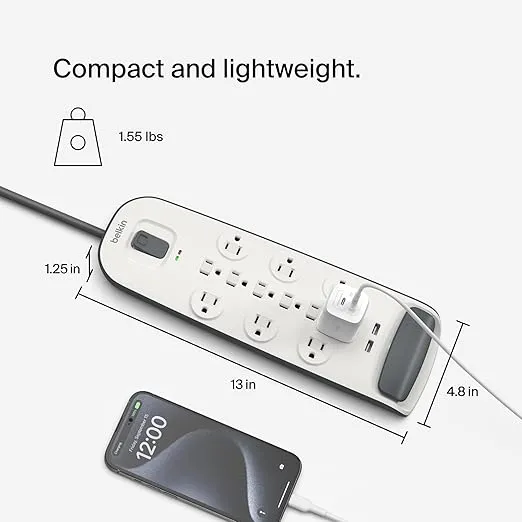 Belkin BV112050-06 Supresor de Picos, 12 Salidas con carga USB, 3996J, Negro