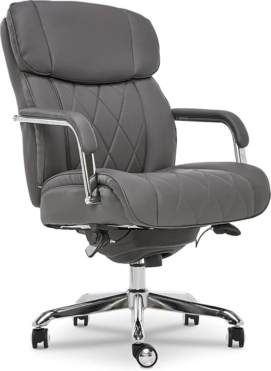 La-Z-Boy Sutherland Quilted Leather Executive Office Chair with Padded Arms, High Back Ergonomic Desk Chair with Lumbar Support, Grey Bonded Leather
