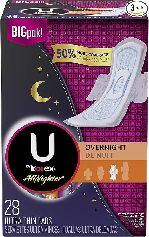 U by Kotex AllNighter Ultra Thin Overnight Feminine Pads with Wings, Unscented, 28 Count (Pack of 3)