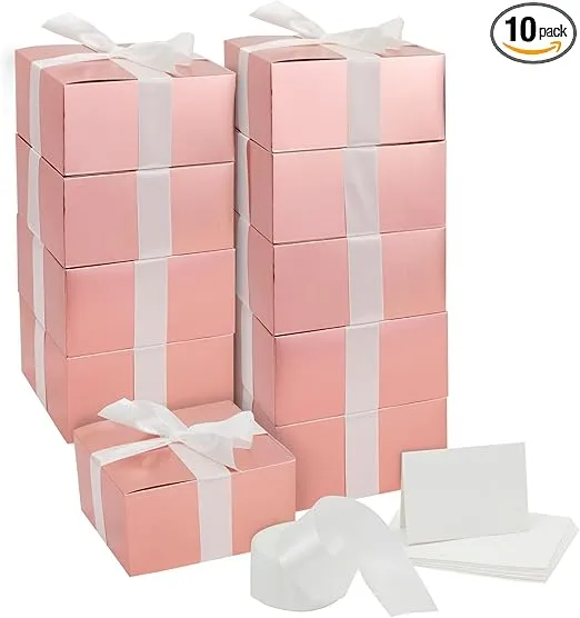 Stockroom Plus 10 Pack Black Gift Boxes with Lids, Ribbon and Blank White Greeting Cards for Presents, Favors (8x8x4 in)