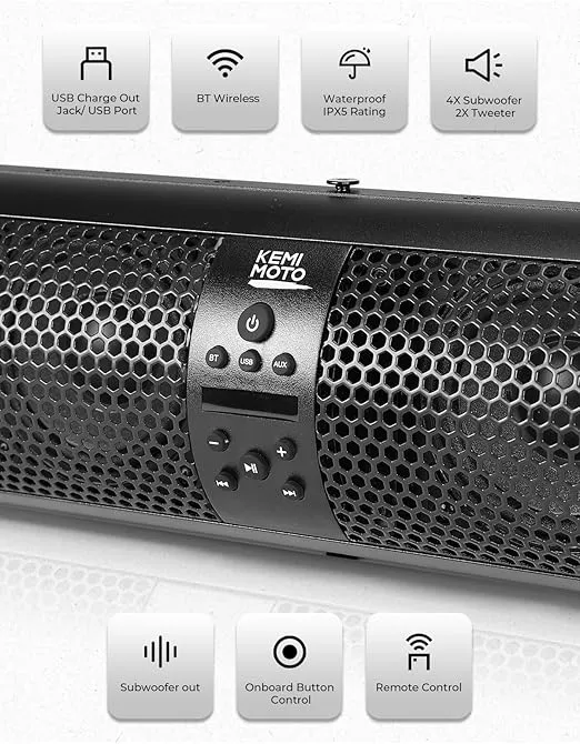 KEMIMOTO UTV Soundbar 28-Inch 6 Speakers SXS Sound Bar Wireless Control Bluetooth-Compatible X3 Speakers Compatible with Polaris Can am Talon CForce for 1.56"- 2.25" Roll Bar