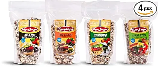 Vegan Burger 4-Pack - Veggie Six, B.B. & Ohh!, Vege Caliente, & Viva Italiano (Makes 36 Burgers)