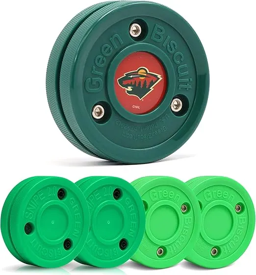 Green Biscuit 4-Pack Off Ice Hockey Pucks - 2 Original Passer and 2 Snipe New 2.0 Puck, Street Hockey Puck for Passing, Stickhandling and Shooting, Plus 1 NHL Puck-Official