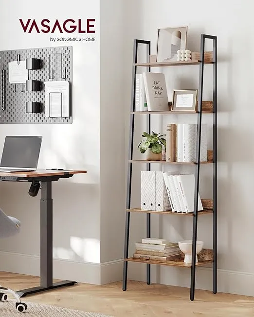 VASAGLE Bookshelf, 5-Tier Narrow Bookcase, Ladder Shelf for Home Office, Living Room, Bedroom, Kitchen, Rustic Brown and Ink Black ULLS067B01