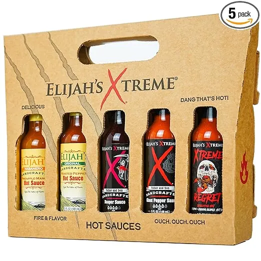 Elijah's Xtreme Hot Sauce Gift Sets - 5 Pack Award Winning Hot Sauce Sampler Includes Mango Habanero Sauce, Roasted Jalapeno Cayenne Pepper Sauce, Sweet Reaper Sauce, Ghost Pepper Hot Sauce, & Super Hot Xtreme Regret Carolina Reaper Hot Sauce