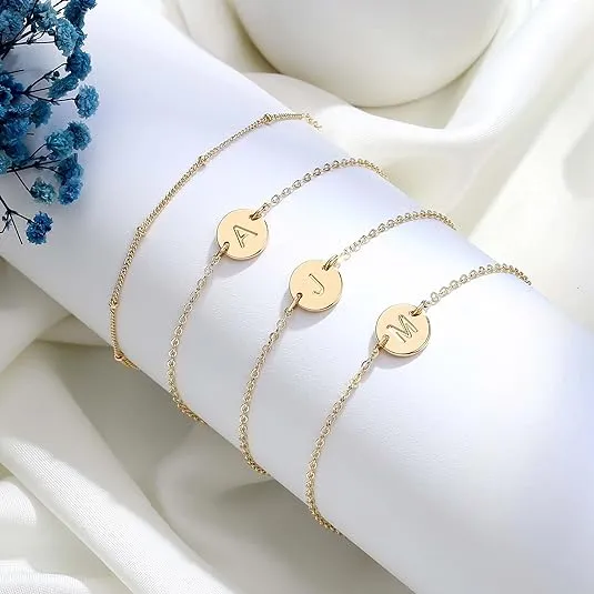 MONOZO Gold Initial Bracelets for Women, Dainty 14K Gold Filled Layered Beaded Letter Initial Bracelet Personalized 26 Alphabet Disc Monogram Charm Bracelet Jewelry Gifts for Her