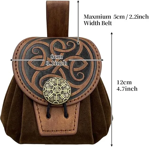 HiiFeuer Medieval Embossed Faux Leather Belt Pouch, Retro Renaissance Portable Belt Bag Coin Purse Dice Bag for LARP Ren Faire (Brown B)