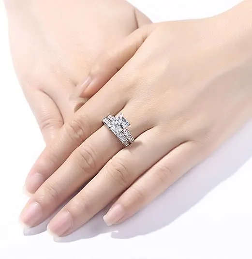 Newshe Jewellery Wedding Rings for Women AAAAACz 925 Sterling Silver Engagement Ring Sets Princess 4.1Ct Size 4-13