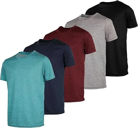 Real Essentials 5 Pack: Youth Mesh Moisture Wicking Active Athletic Performance Short-Sleeve T-Shirt Boys & Girls