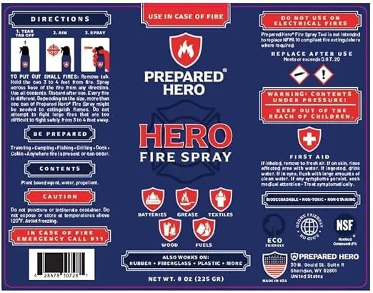 Prepared Hero Fire Spray - Mini Fire Extinguishers for House, Car, Garage - Kitchen Small Fire Extinguisher for Home, Made in USA, 100% Organic - Compact, Portable & Easy to Use, Non-Toxic - 1 Pack