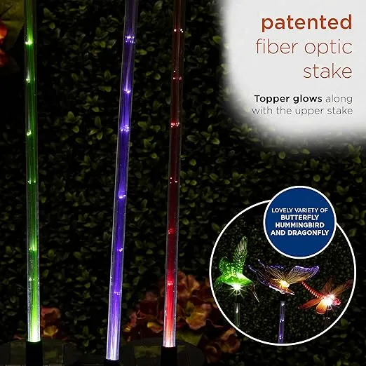 Alpine Corporation 33" Tall Set of 3 Butterfly, Hummingbird and Dragonfly Solar Fiber Optic LED Light Garden Stakes