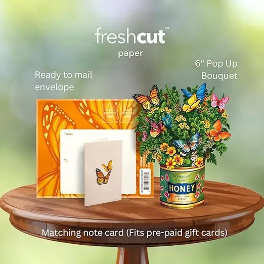 Freshcut Paper Pop Up Cards, 6 Inch Mini Sized Forever Flower Bouquet 3D Popup Greeting Cards, Birthday Gift Cards, Birthday Gifts with Note Card and Envelope, Mini Buttercups & Butterflies