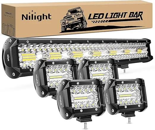 Nilight 20 Inch 420W Triple Row Flood Spot Combo Led Light Bar 4PCS 4Inch 60W LED Pods Driving Boat Lights Led Off Road Trucks Lights , 2 Years Warranty (ZH415), Black