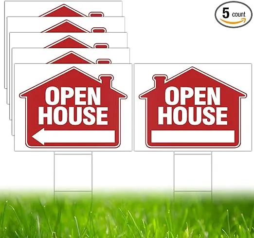 Open House Real Estate Signs, 5 Pack LARGE 24” x 18” Open House Signs with Stakes, Professional Double-Sided Yard Signs with Directional Arrows, Realtor Agents Supplies(Red)