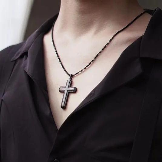 Wooden Cross Necklace for Men, Real Ebony Mens Cross Necklaces Black Stainless Steel Christian Wood Crucifix Pendant, with Necklace 24" Round Box Chain