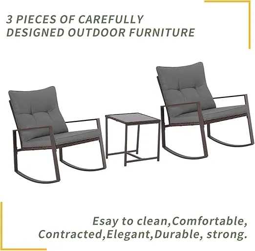 SUNCROWN 3-Piece Patio Bistro Set Outdoor Rocking Chairs Set Brown Wicker Porch Chairs with Glass Coffee Table, Grey Cushion