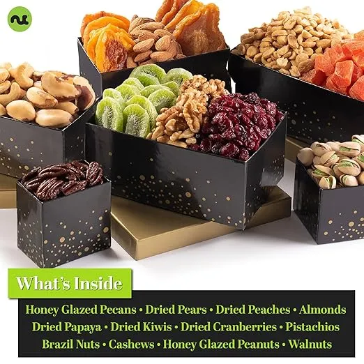NUT CRAVINGS Gourmet Collection - Get Well Soon Dried Fruit & Nuts Tower Gift Basket with Get Well Soon Ribbon (12 Assortments) Care Package Variety Tray, Kosher Snack Box