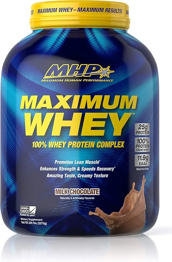 Maximum Human Performance Maximum Whey Protein, 25g Fast Acting Delicious Tasting Protein, Enhances Strength & Speeds Recovery, Milk Chocolate, 50 Servings, 5 Pound (Pack of 1)