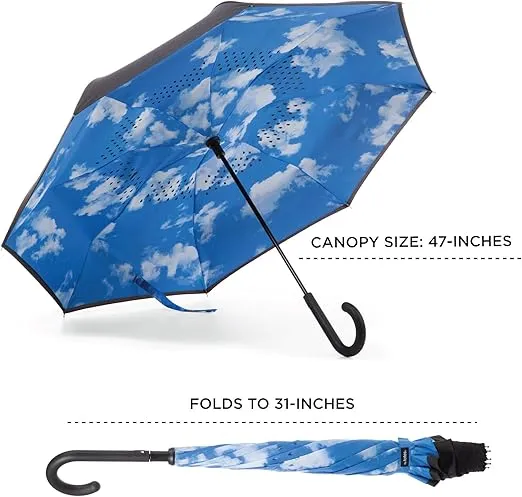 Totes InBrella - Reverse Close Umbrella with Invisible Water Repellent Coating - Auto Close, Inverted, Dripless, and Stormproof for Rainy Weather