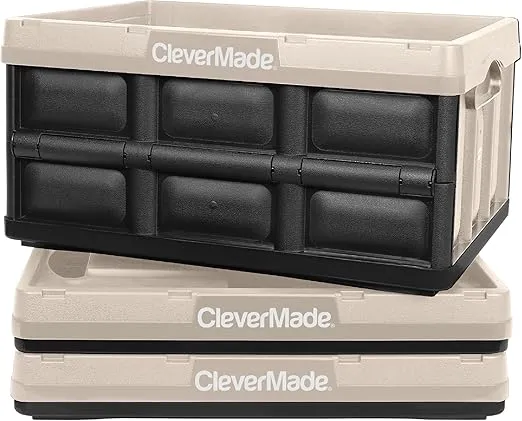 CleverMade Collapsible Storage Bin, Tan, 3PK - 32L (8 Gal) Stackable Storage Containers, Holds 66lbs Per Bin - Plastic Storage Bins for Organizing, Closet Storage, Garage Storage