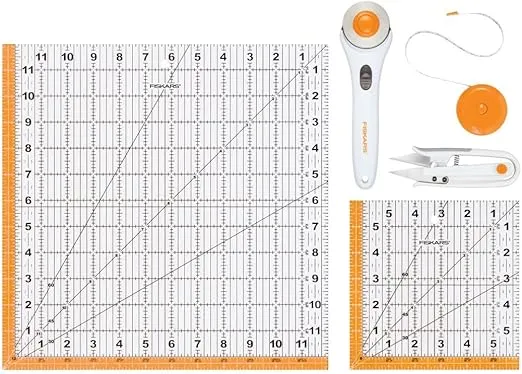 Fiskars Crafts Essentials 5-Piece Set - 45mm Blade Rotary Cutter for Fabric, Self Healing Cutting Mat, and Sewing Ruler - Craft Supplies - White/Gray