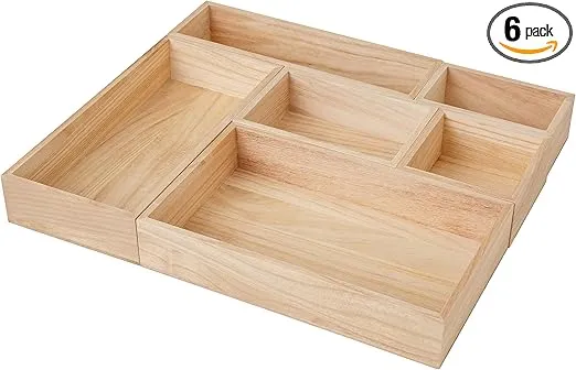 Martha Stewart Enzo Wooden Desk Drawer Organizer Set, Paulownia Wood Organizers in Various Sizes, 6 Piece, Light Natural