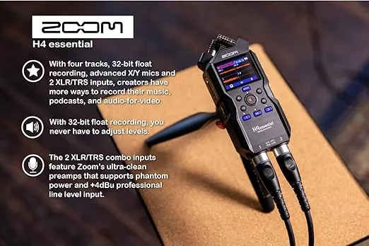 Zoom H4essential 4-Track Handy Recorder Bundle with 2x Zoom ZDM-1 Podcast Dynamic Microphone, ZHP-1 Headphones, TPS-4 Tripod, Windscreen, XLR Cable